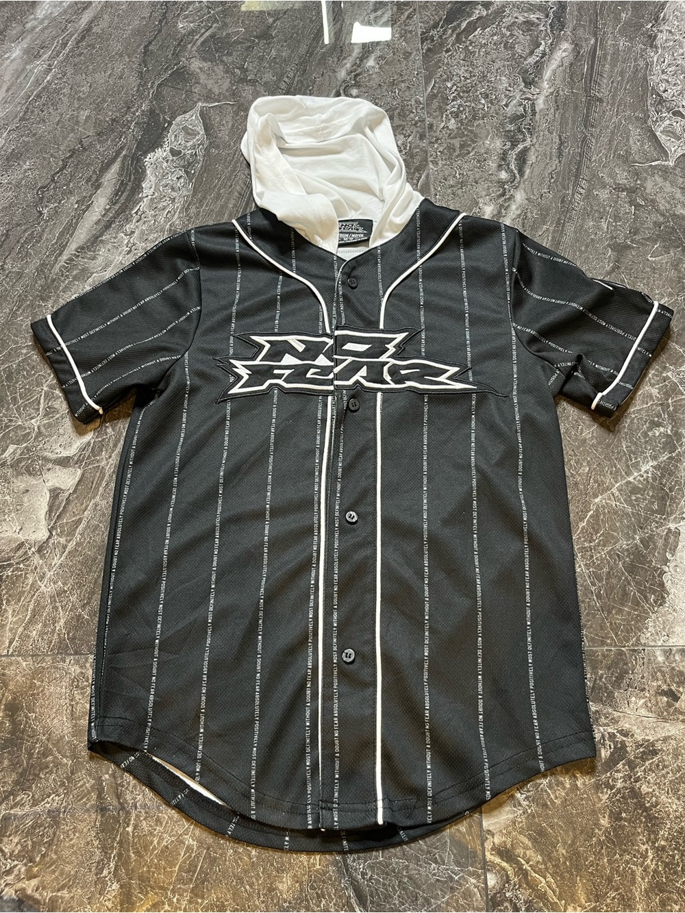 No Fear Youth Baseball Jersey Hoodie Size M 10-12 Black Pinstripe Short Sleeve